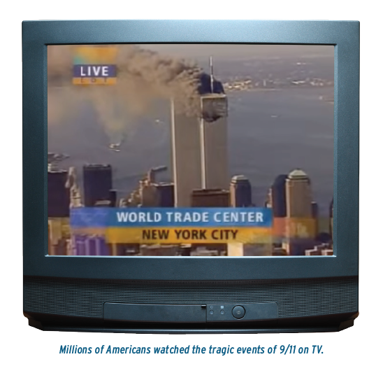 picture of tv with the twin towers being hit