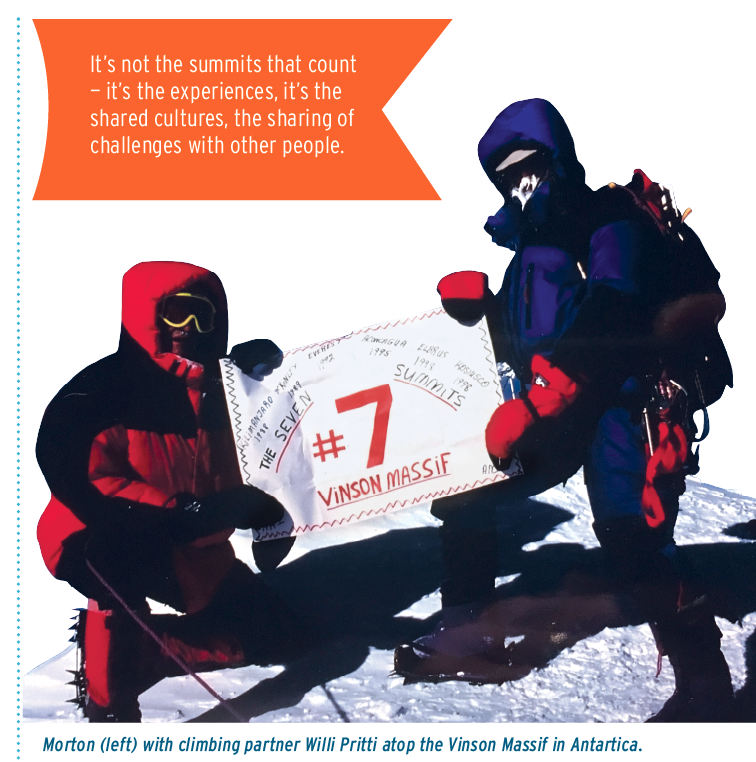 It’s not the summits that count — it’s the experiences, it’s the shared cultures, the sharing of challenges with other people.; Morton (left) with climbing partner Willi Pritti atop the Vinson Massif in Antartica.