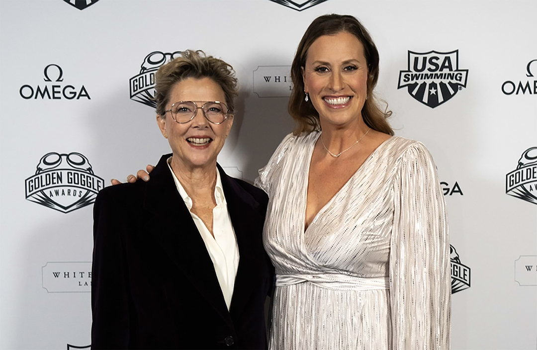 Annette Bening and Rada Owen posing together at the Golden Goggles Awards
